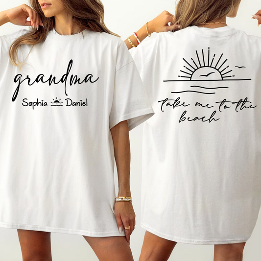 Custom Grandma Shirt with Grandchildren Names, Beach Vacation Back Graphic Tee, Personalized Family Summer Apparel for Women