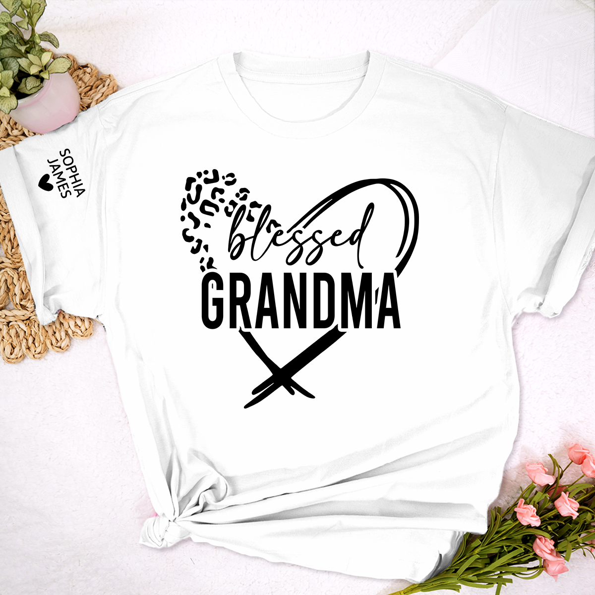 Blessed Grandma Shirt, Leopard Print Heart Design T-Shirt, Custom Grandma Apparel for Her, Sentimental Family Gift