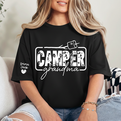 Camper Grandma Shirt, Funny Camping Grandma Tee, Personalized Grandkids Names Sleeve Shirt, RV Camper Gift for Grandma