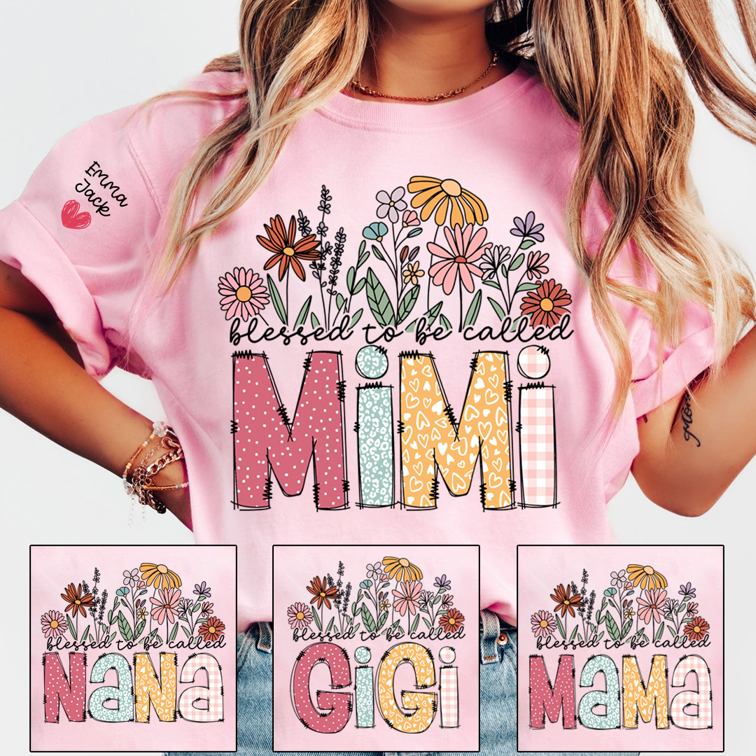 Blessed to Be Called Mimi Shirt Personalized with Grandkids Names, Floral Design