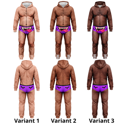 Men’s Funny Halloween Vampire Onesie – Hairy Body Illusion Hooded Jumpsuit Costume