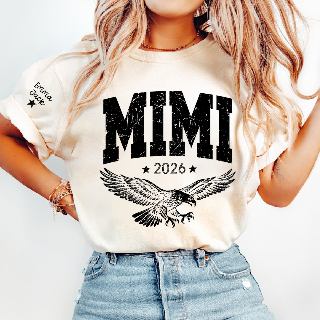 Personalized Grandma T-Shirt, Mimi Est, Custom Names On Sleeve Shirt with Eagle & Custom Names
