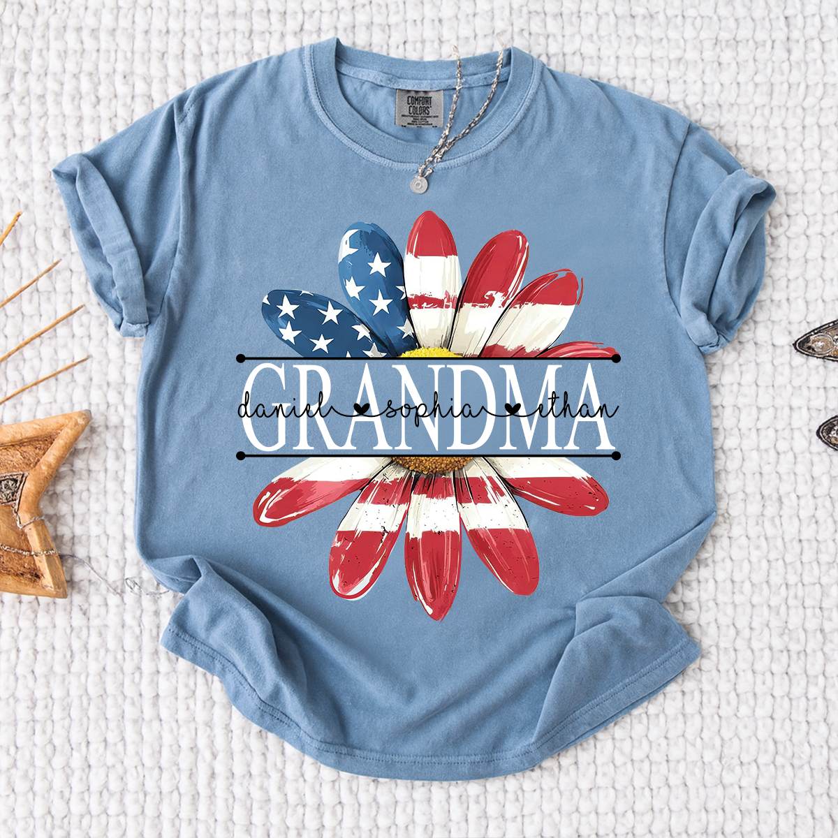 Comfort Colors Personalized Grandma Monogram Shirt, Custom Family Names Patriotic Flower T-Shirt