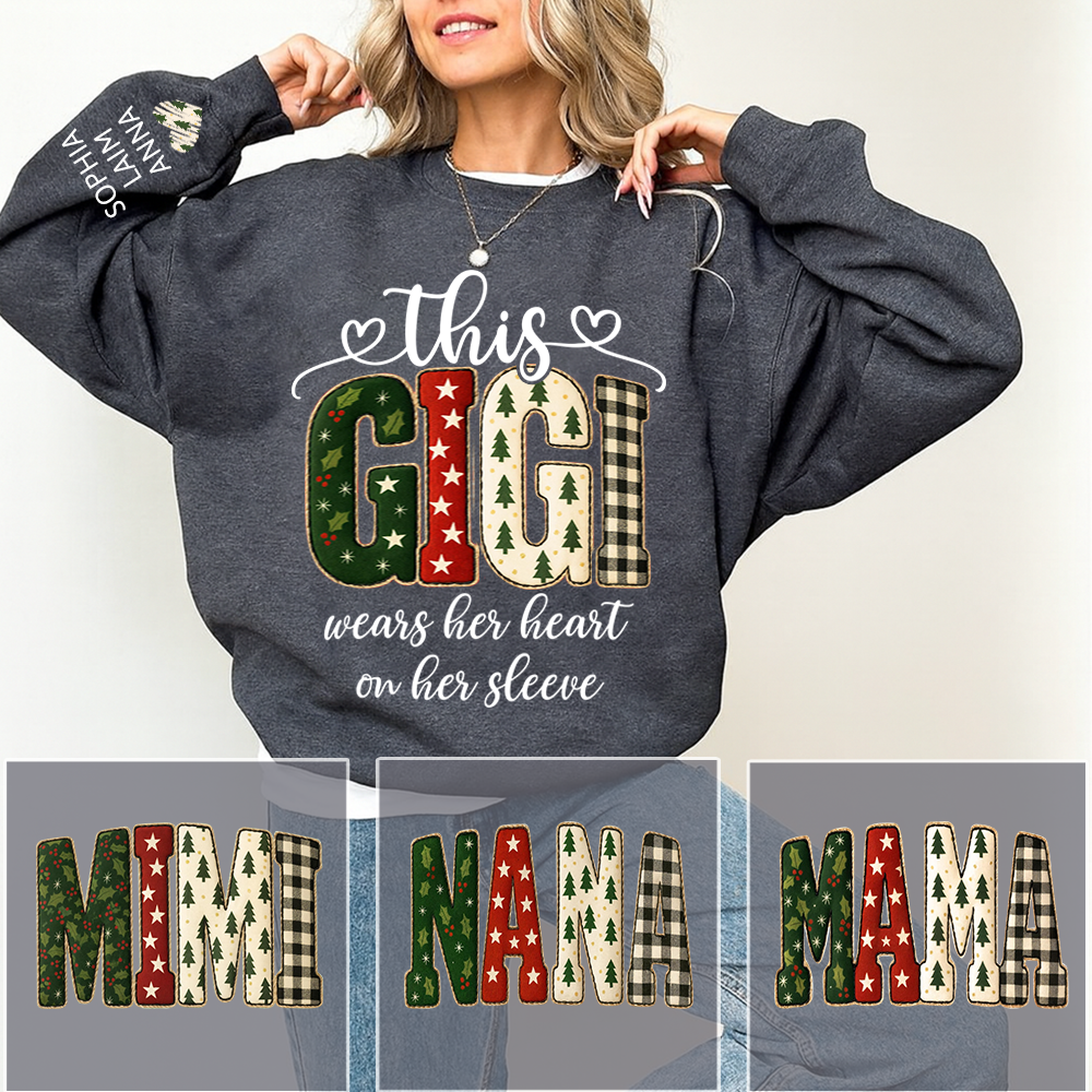 Vintage Grandma Sweatshirt, Patchwork Holiday Letters Sublimation, Grandma Wears Heart on Sleeve
