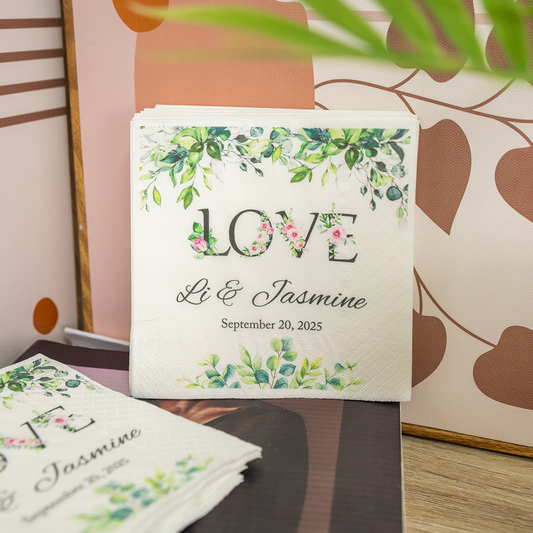 Personalized Wedding Napkins with Floral LOVE Print – Custom Names & Date – Elegant Botanical Greenery Decor for Romantic Reception
