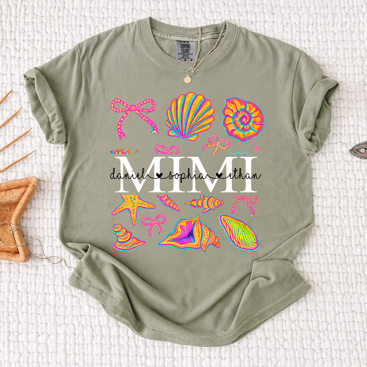 Comfort Colors Personalized Mimi Shirt with Names, Vibrant Seashell Beach Design Tee, Summer Family Gathering Outfit for Women