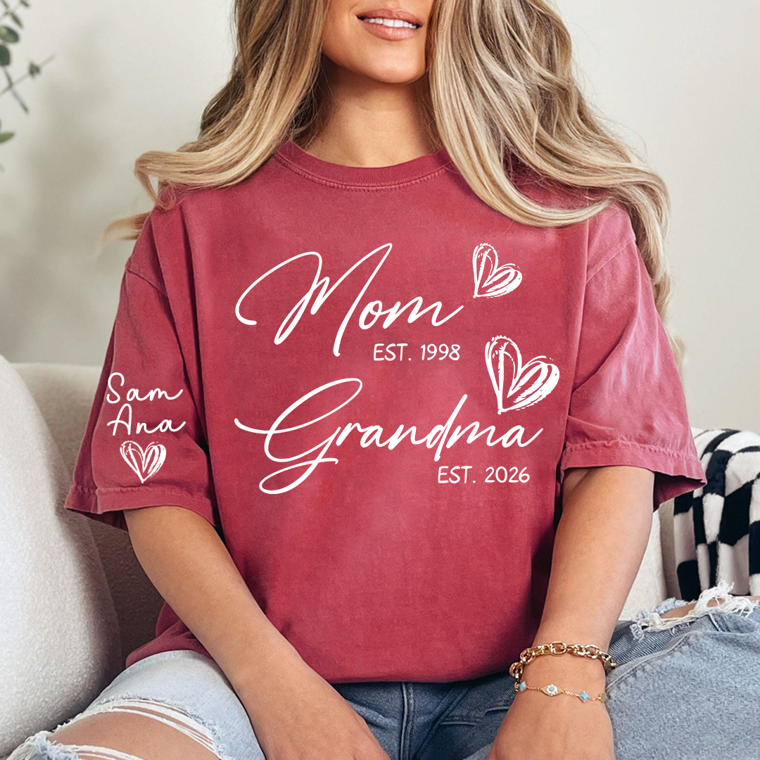 Custom EST Year Mom and Grandma T-Shirt, Personalized Family T-Shirt with Heart Design for Mom & Grandma