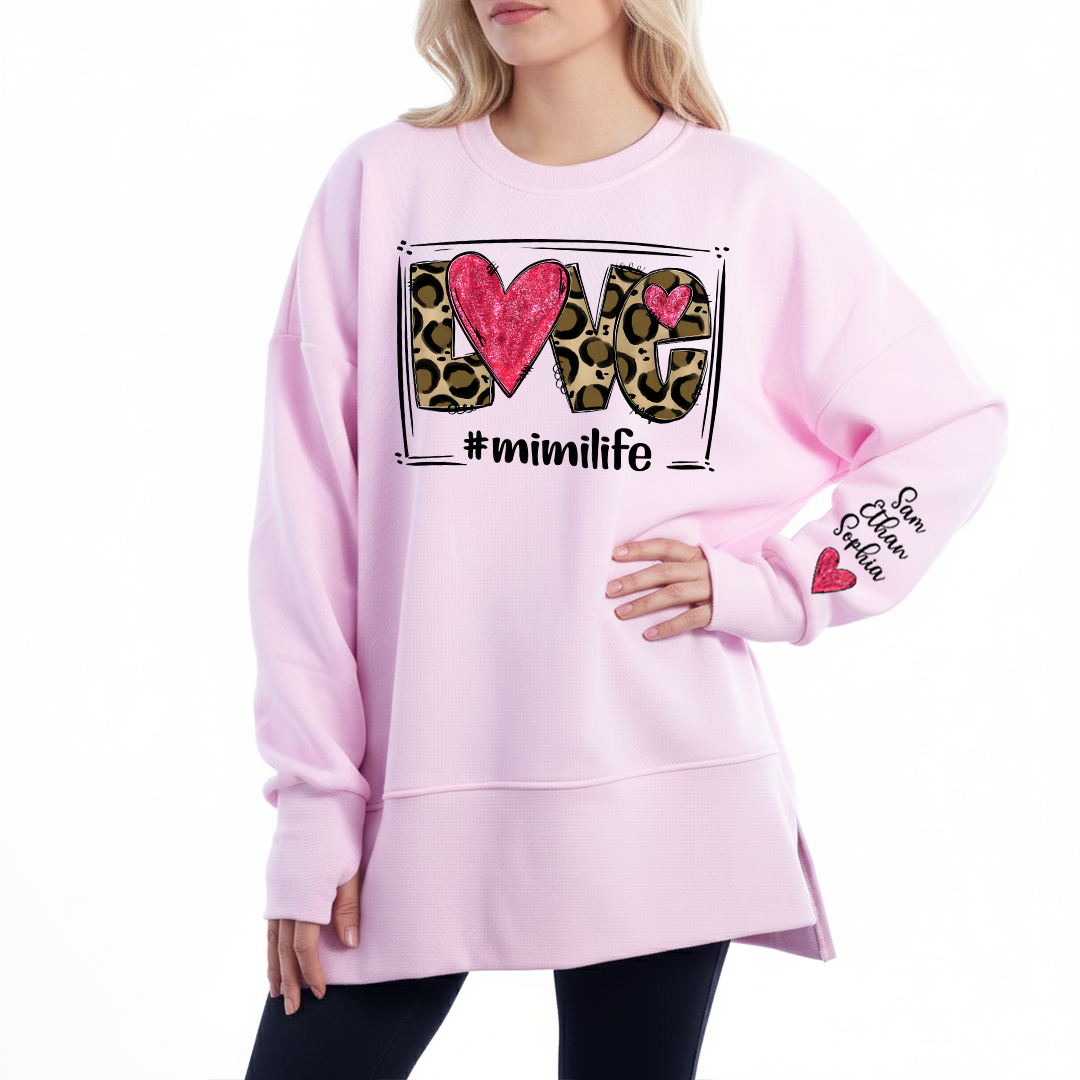 Personalized Mimi Life Oversized Sweatshirt with Leopard Heart Graphic, Custom Grandma Names on Sleeve, Cozy Relaxed Fit Pullover for Mimi, Stylish Family Inspired Apparel for Women