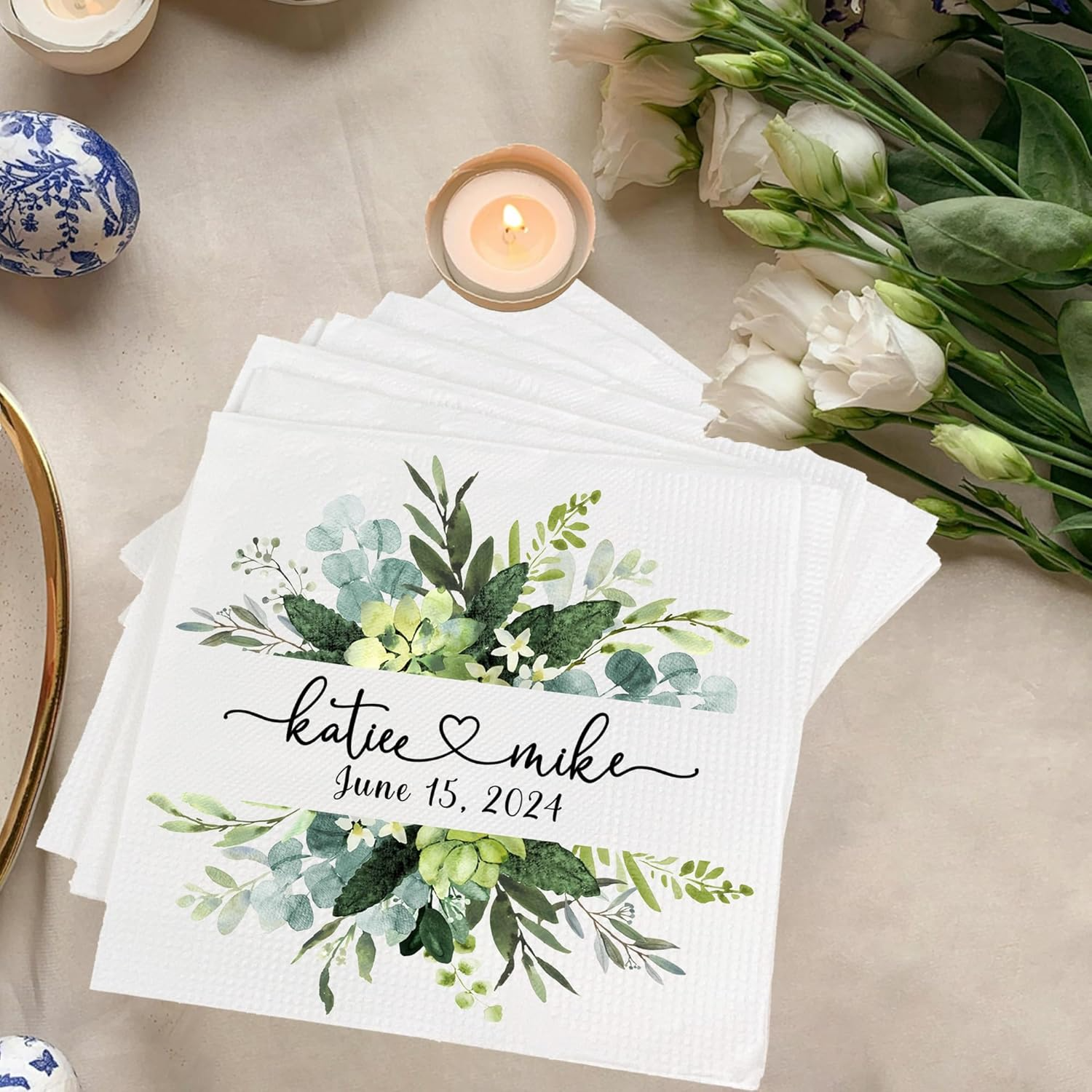 Custom Floral Wedding Napkins – Personalize with Your Names & Wedding Date – Elegant Greenery Design