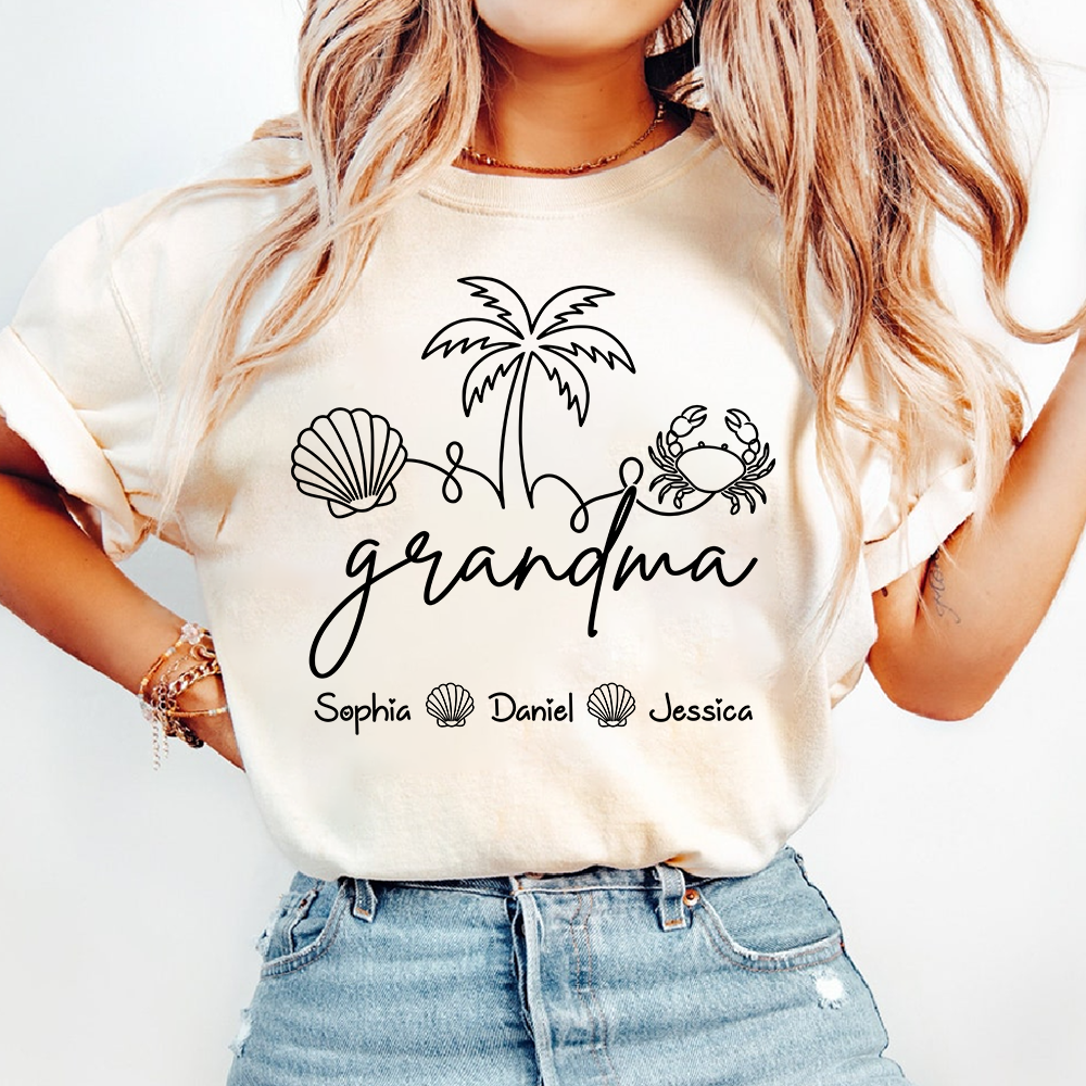 Personalized Grandma Beach Shirt with Grandkids Names, Coastal Palm Tree and Seashell Tee, Custom Summer Family Gift for Grandma