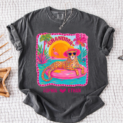 Comfort Colors® Custom Grandma Preppy Summer Gift Shirt, Gift For Grandma And Kids, Girly Beach Tee Retro Leopard Shirt Design Cute Summer Colorful Summe