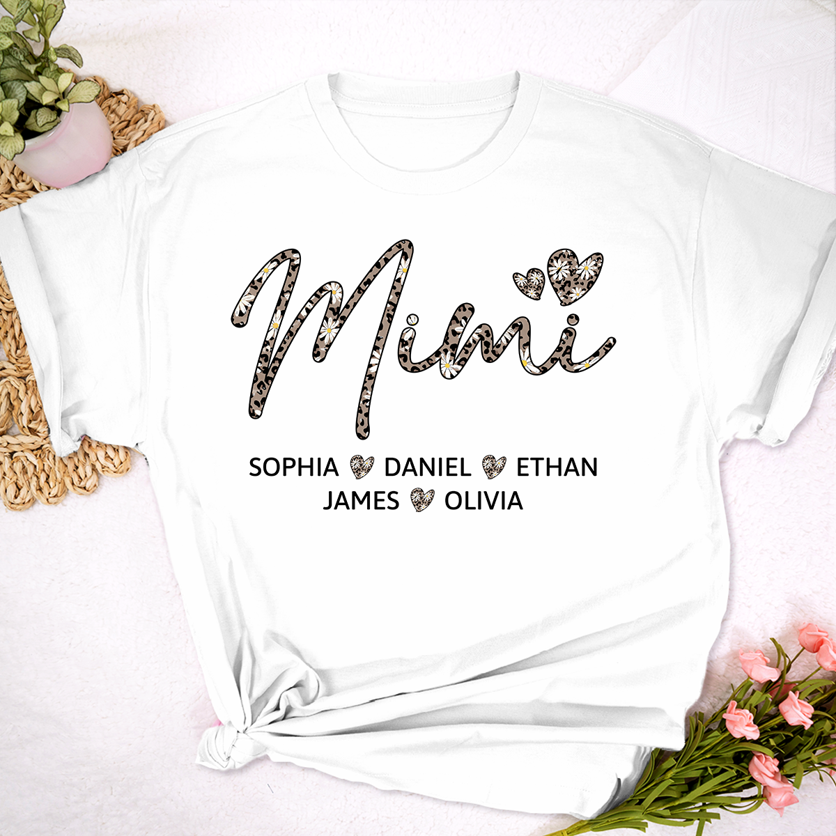 Personalized Mimi Shirt with Grandkids Names, Leopard Print Mimi Grandma T-Shirt Gift for Her