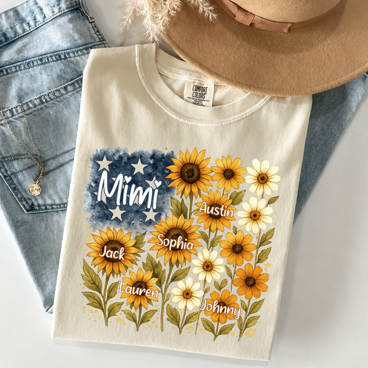 Comfort Colors® Personalized Mimi Sunflower Shirt with Grandkids Names, Floral Grandma Tee, Custom Family Name Shirt for Women, Gift for Mimi