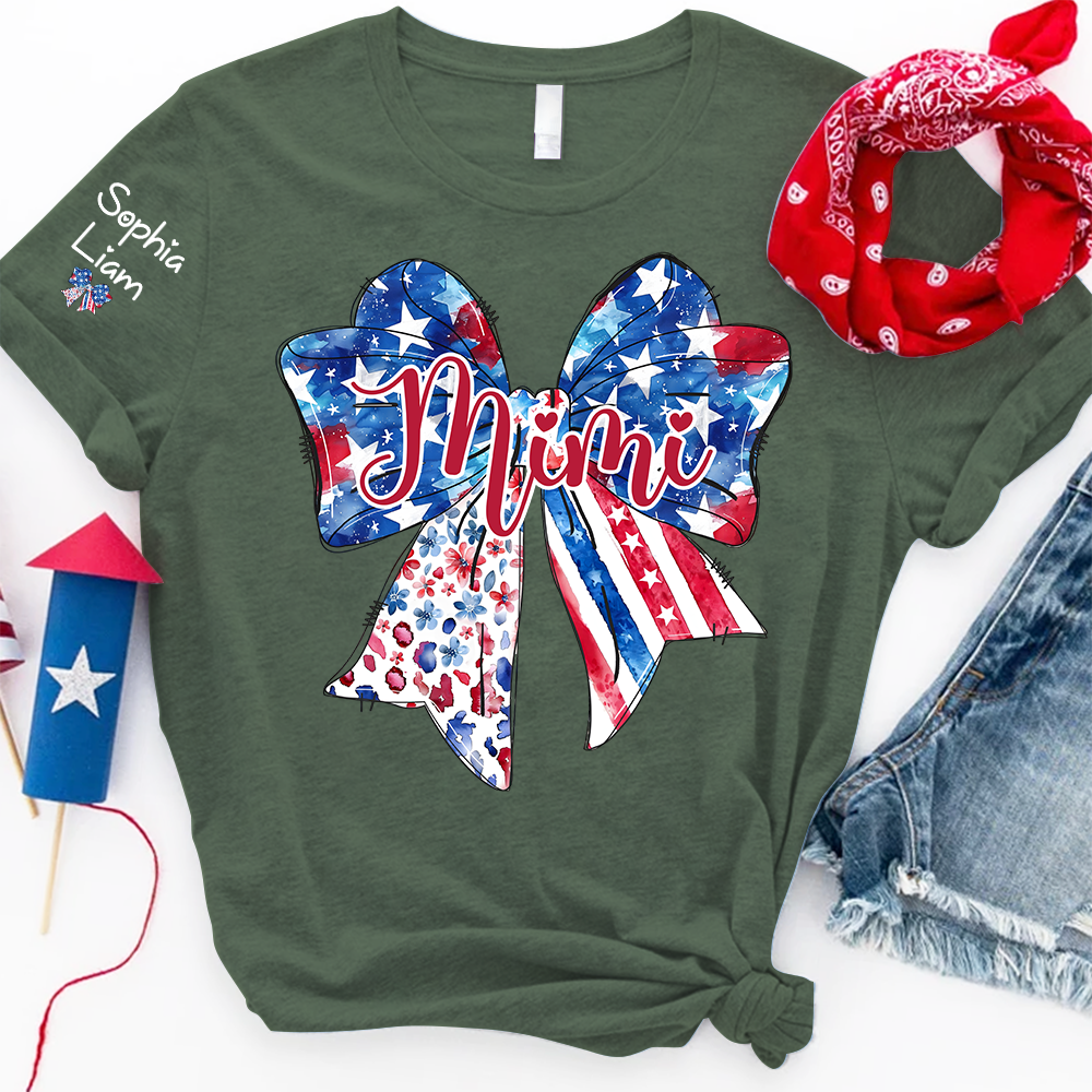 Custom Mimi Shirt with Sleeve Names, American Flag Bow Graphic Tee, Patriotic Grandma Independence Day Apparel