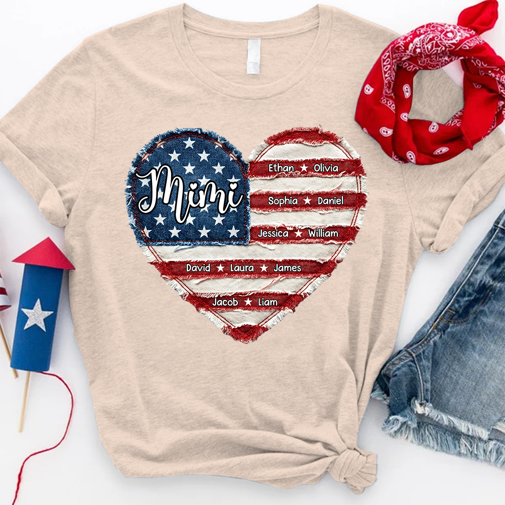 Personalized Mimi Shirt, Custom Family Names T Shirt, American Flag Heart Design, Patriotic Gift for Mimi