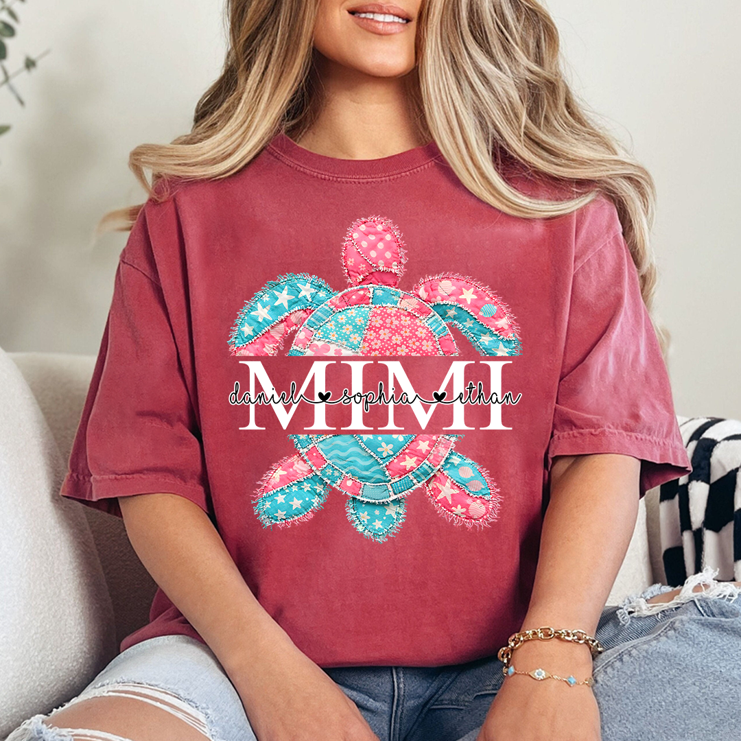 Custom Mimi T Shirt with Grandchildren Names, Colorful Patchwork Sea Turtle Graphic Tee, Beach Lover Gift for Women