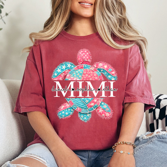 Custom Mimi T Shirt with Grandchildren Names, Colorful Patchwork Sea Turtle Graphic Tee, Beach Lover Gift for Women