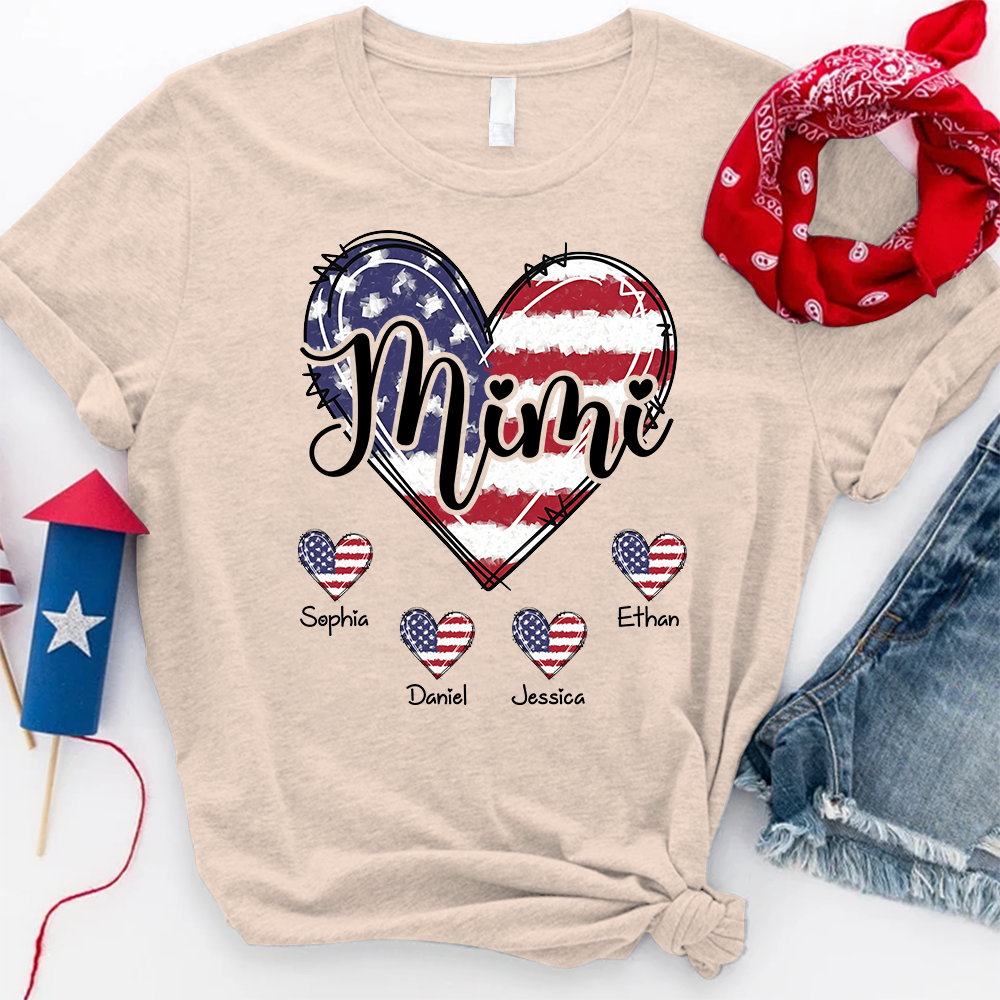 Custom Mimi Shirt with Grandkids Names American Flag Heart Design Personalized Family Name Tee
