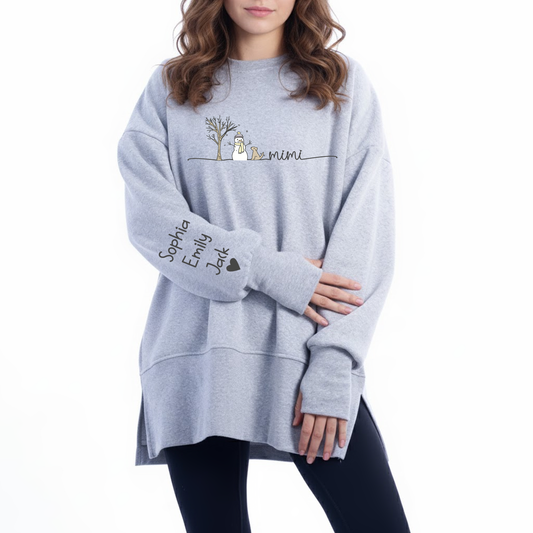 Custom Mimi And Grandkids Name Women Oversized Sweatshirt – Personalized Thumbhole Long Sleeve Pullover, Cozy Fall Side Slit Sweater
