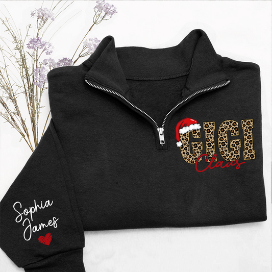 Gigi Claus Leopard Christmas Quarter Zip – Custom Name Sweatshirt Gift For Grandma