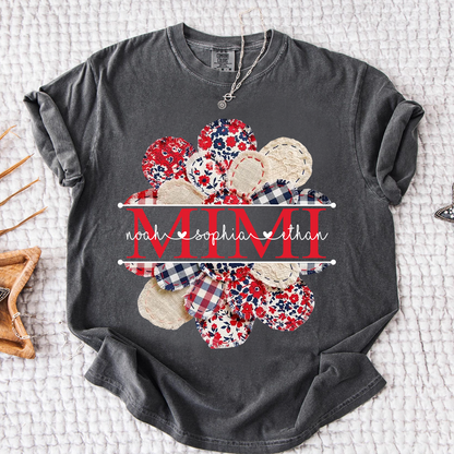 Comfort Colors Custom Mimi T-shirt with Grandkids Names, Red and Blue Floral Patchwork