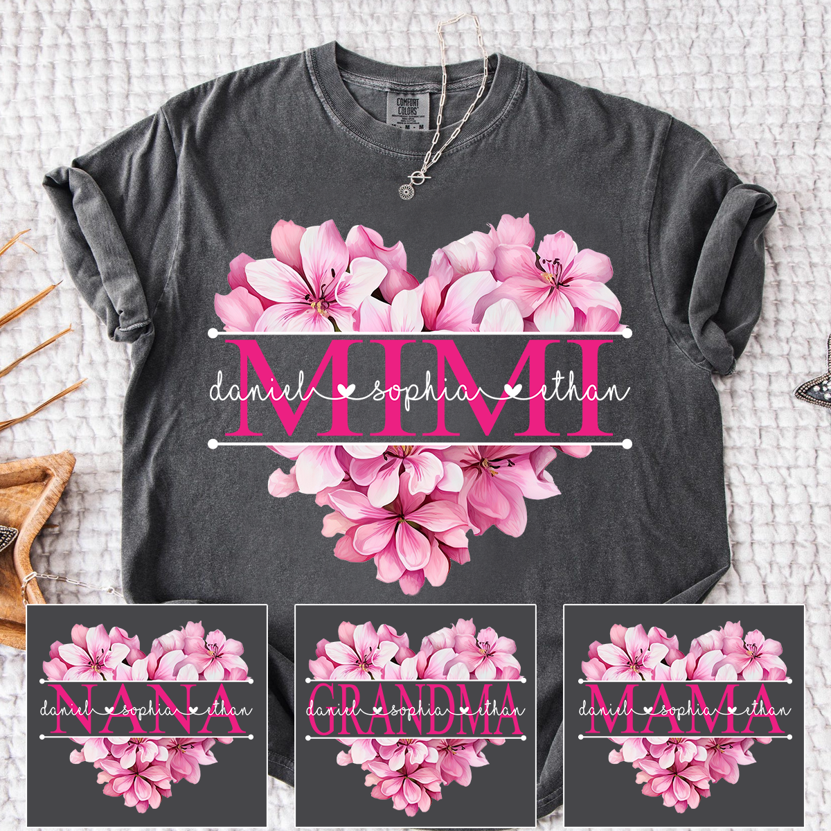 Comfort Colors Pink Floral Heart Design Family Tee, Personalized Mimi Shirt with Custom Names