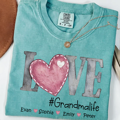 Comfort Colors®'s Personalized Grandma Life T Shirt With Kids Names, Love Heart Graphic Shirt for Nana Mimi Gigi Grandma, Custom Family Name Tee, Soft Casual Everyday Wear