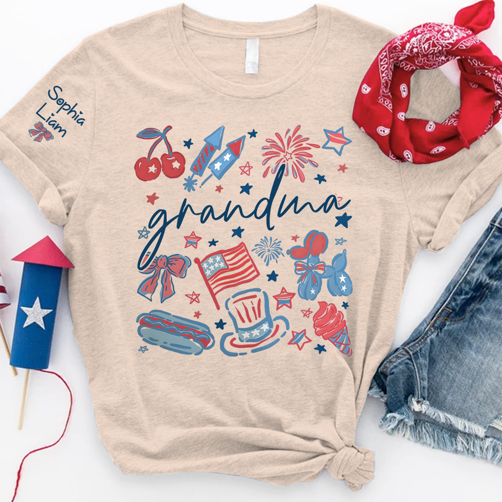 Grandma Custom T Shirt, Independence Day Themed Design with Fireworks, Stars, and USA Icons
