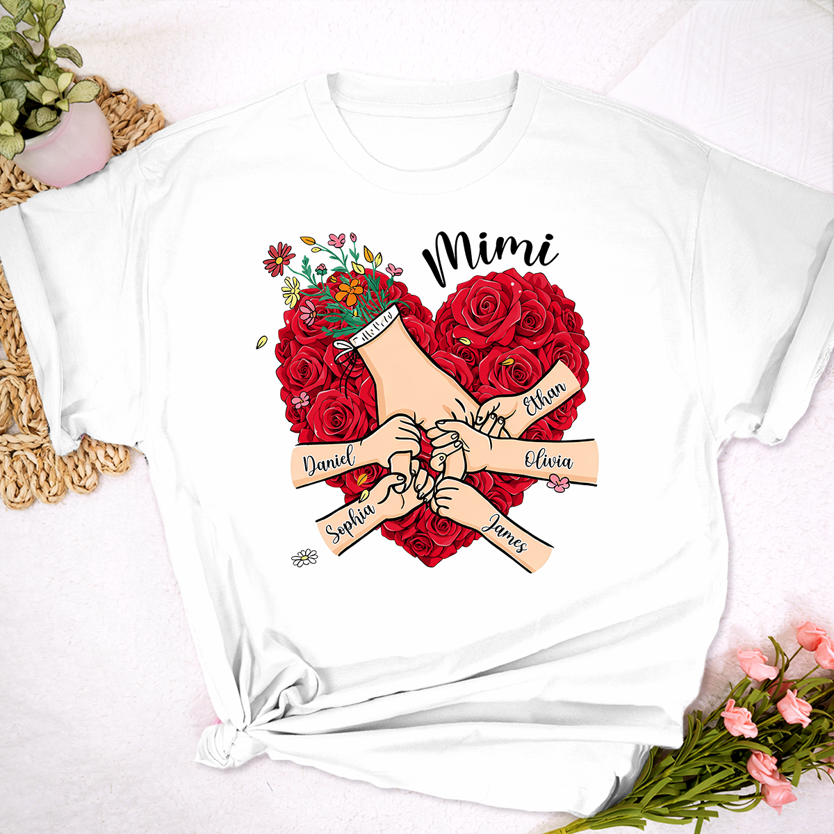 Mimi Heart Shirt, Custom Floral Handprint Family Shirt, Personalized Grandkids Names Tee, Special Gift for Mimi