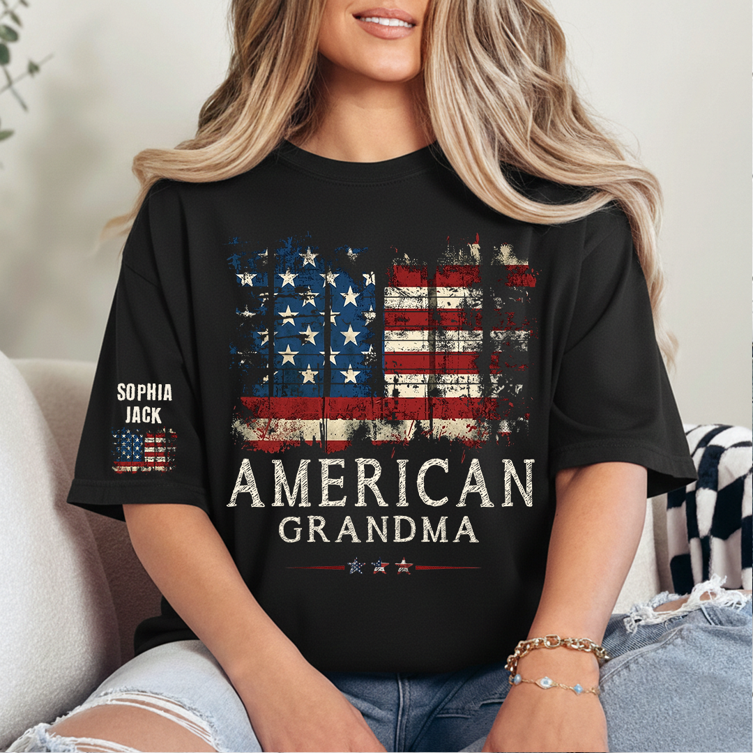 Personalized 4th of July Grandma T-Shirt, Distressed US Flag Gift for Grandmother