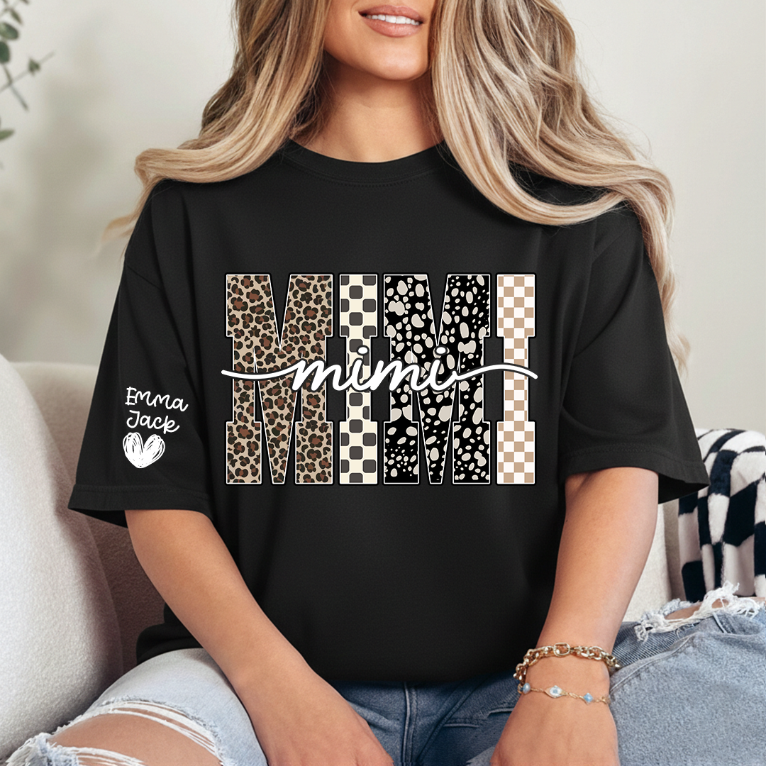 Personalized Mimi Shirt with Grandkids Names, Leopard and Checkered Pattern Family Tee