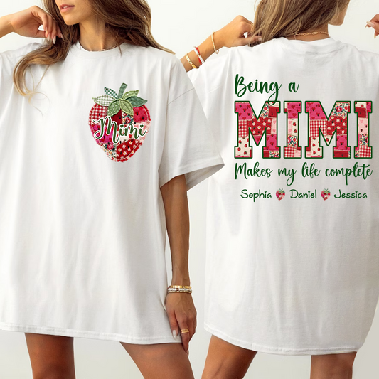 Custom Mimi Shirt with Grandkids Names, Personalized Strawberry Patchwork Tee for Grandma Nana Gigi, Cute Family Gift
