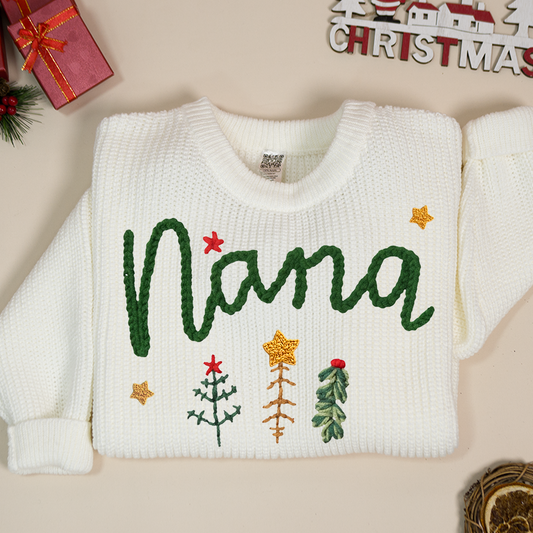 Personalized Nana Tree Hand-Embroidered Sweater, Cozy Christmas Knit Pullover, Unique Holiday Gift for Grandmas and Family