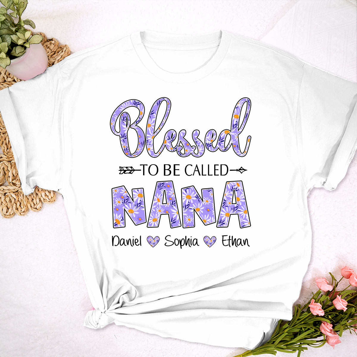 Blessed to Be Called Nana Shirt, Personalized Grandma T Shirt with Grandkids Names, Purple Floral Design