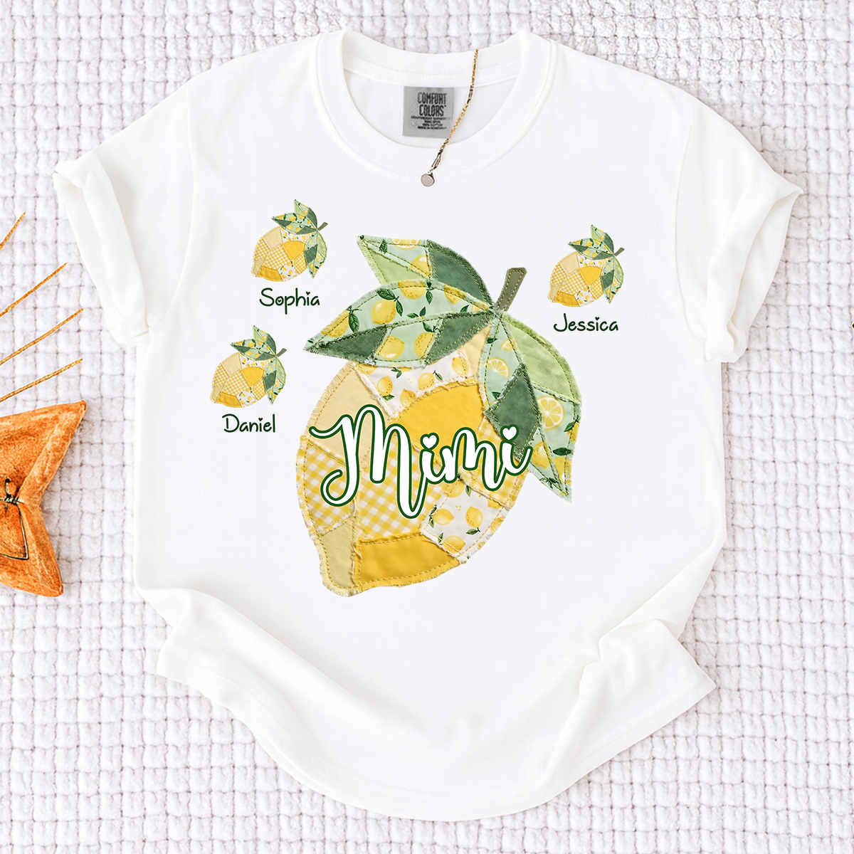 Comfort Colors Personalized Mimi Lemon Shirt with Grandkids Names, Custom Grandma Lemon Patchwork T Shirt for Women, Summer Family Gift