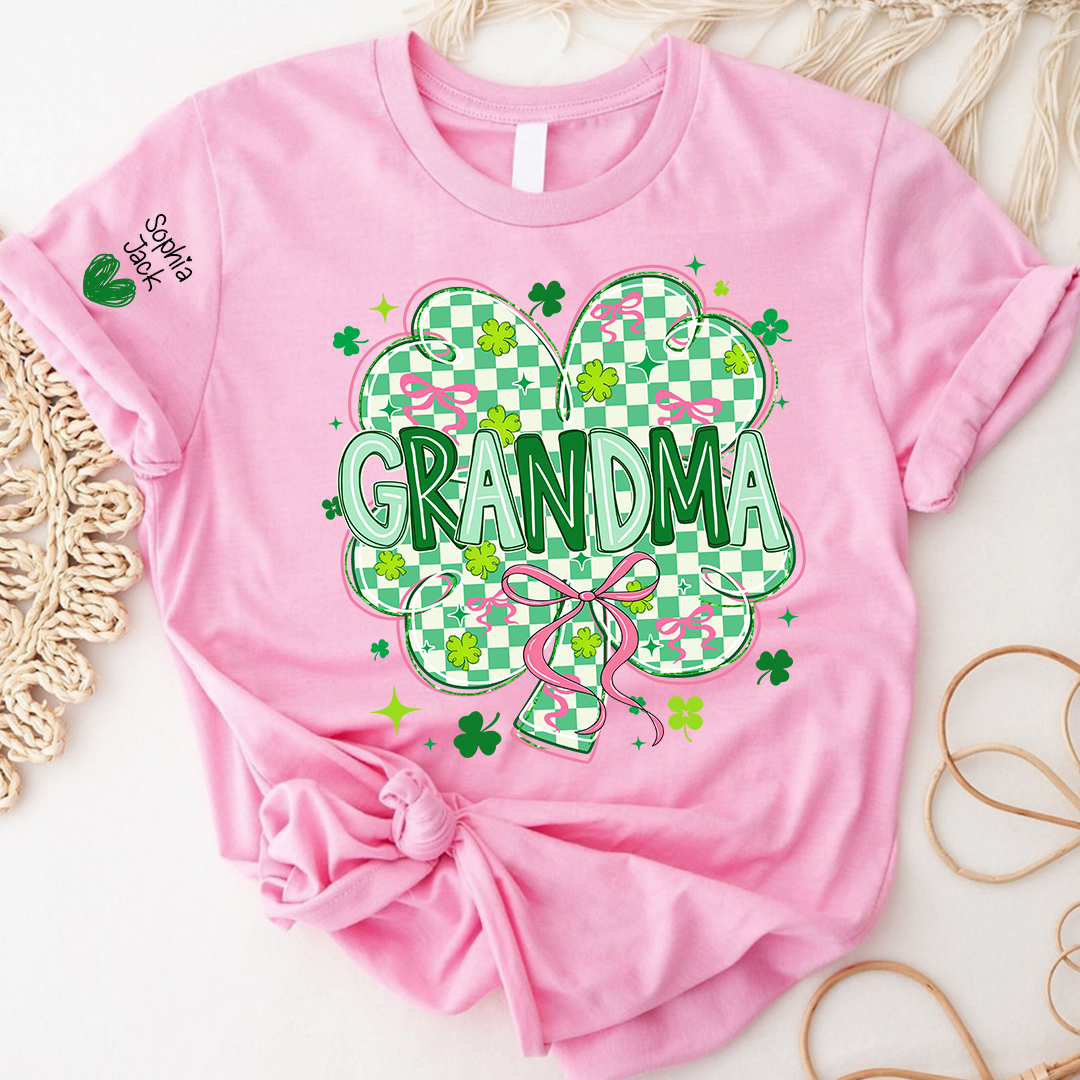 Heart Mimi T-Shirt For St Patrick’s Day, Personalized Grandma Shamrock Clover T Shirt With Kids Names