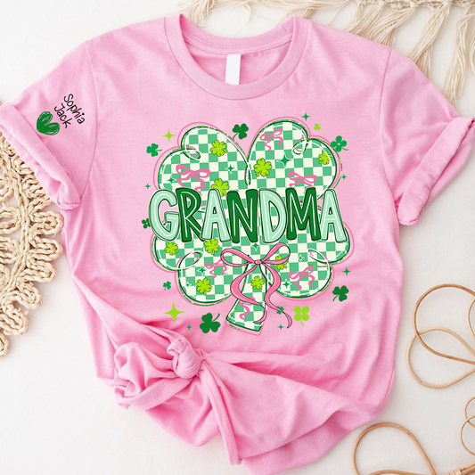 Heart Mimi T-Shirt For St Patrick’s Day, Personalized Grandma Shamrock Clover T Shirt With Kids Names