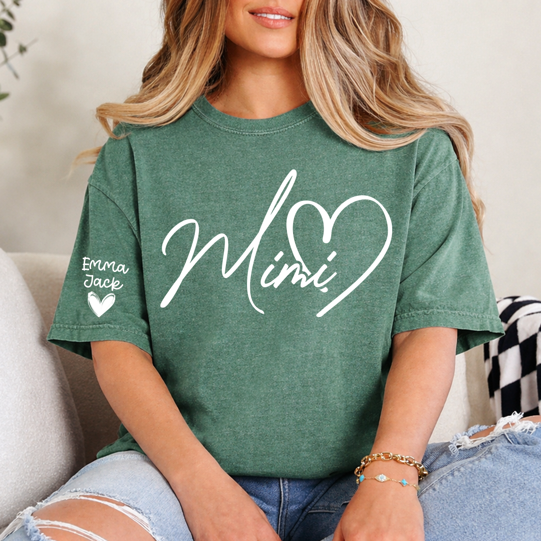 Personalized Family Mimi T Shirt with Custom Names, Simple Script Heart Design