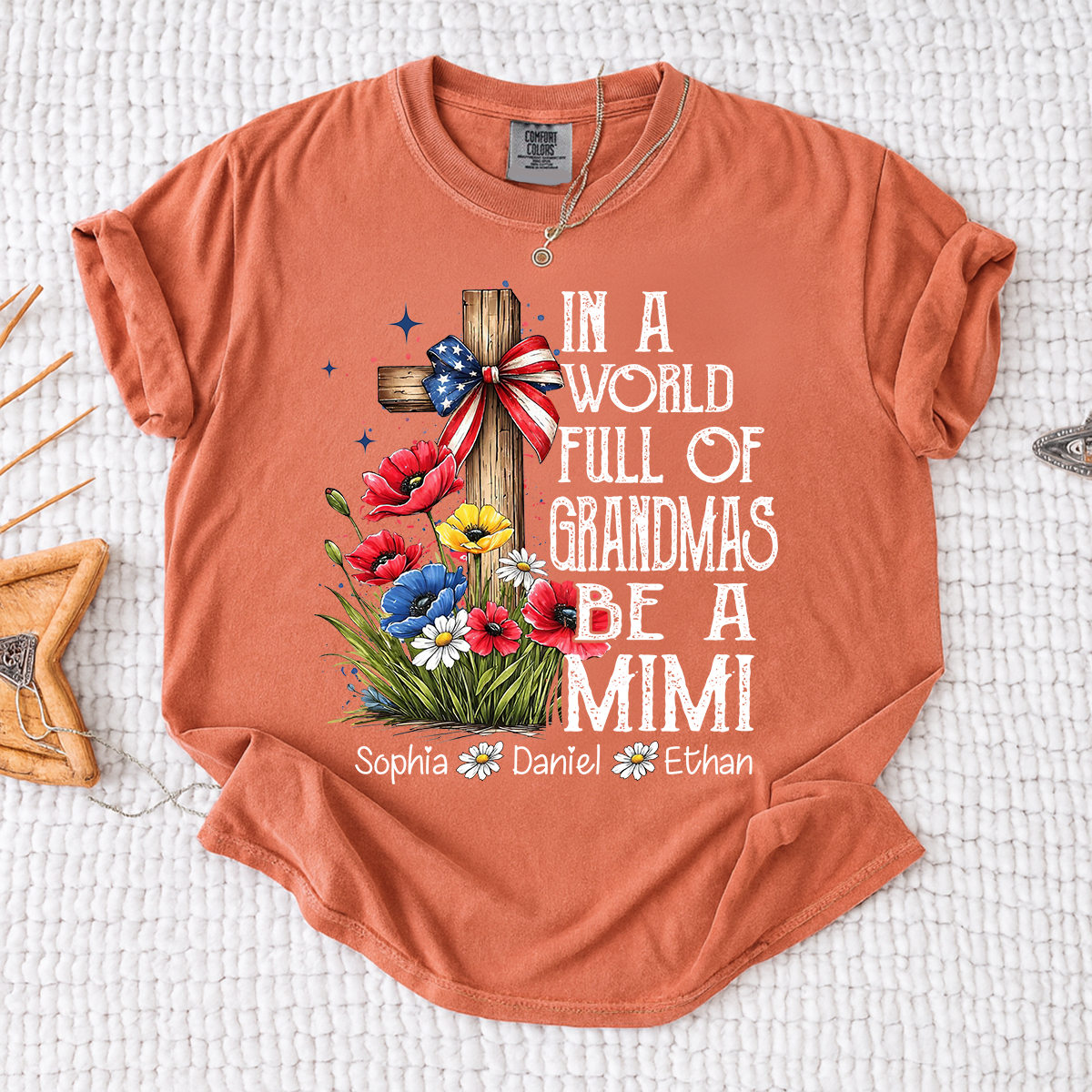 In a World Full of Grandmas Be a Mimi T-Shirt, Personalized Mimi T-Shirt with Cross and Floral Design