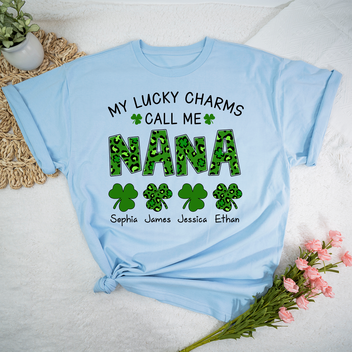 My Lucky Charms Call Me Nana Personalized Shirt, Custom Grandma Name Shirt With Kids Names, St Patrick’s Day Irish Theme Gift