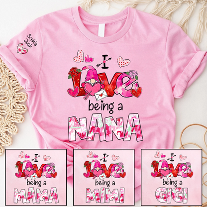 Personalized I Love Being A Nana Valentine T-shirt, Cute Bow and Strawberry Design for Grandma and Kids