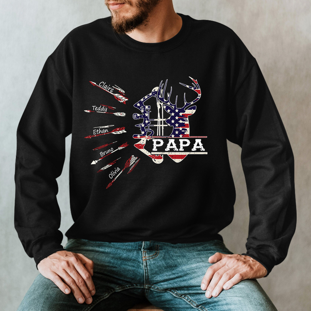 Papa Bow Hunting USA Flag Personalized Grandpa Sweatshirt