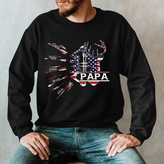 Papa Bow Hunting USA Flag Personalized Grandpa Sweatshirt