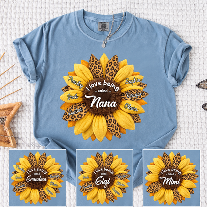 Custom Grandma Shirt, Personalized Sunflower Leopard Print Tee with Kids' Numbers, Gift for Grandma