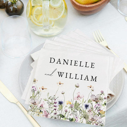 Personalized Wedding Napkins | Custom Wedding Napkins | Flower Border Cocktail Napkin | Save The Date Dinner Bridal Shower Engagement Party
