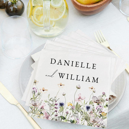 Personalized Wedding Napkins | Custom Wedding Napkins | Flower Border Cocktail Napkin | Save The Date Dinner Bridal Shower Engagement Party