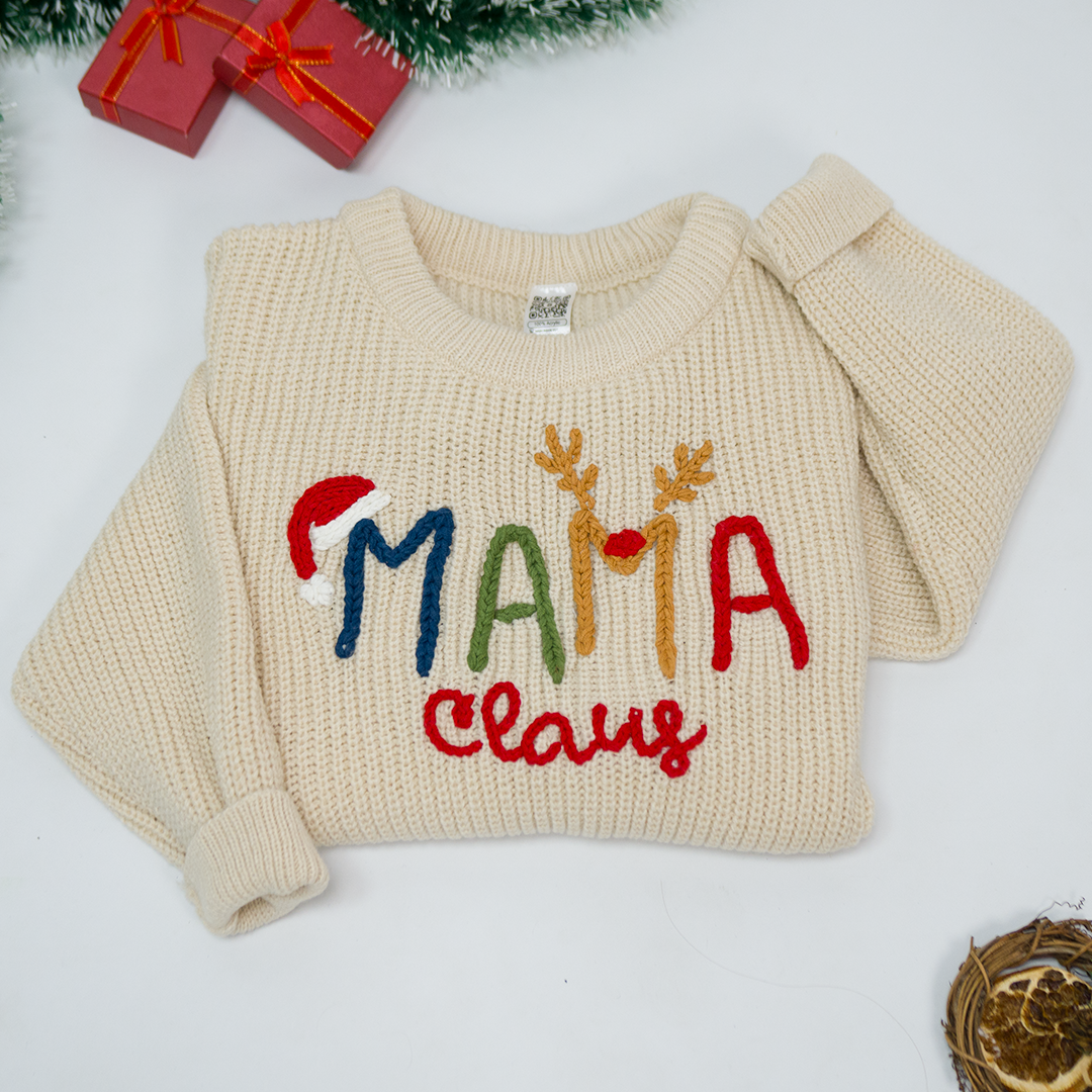 Custom Hand-Embroidered Christmas Knitted Sweater – Personalized Mama Claus Sweater with Festive Design