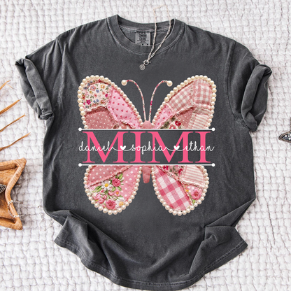 Comfort Personalized Mimi Shirt with Grandkids Names, Pink Butterfly Patchwork Design Family Tee