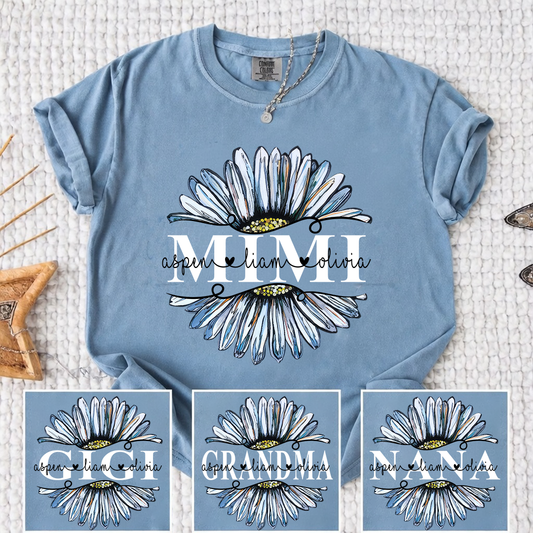 Comfort Colors Personalized Daisy T-shirt for Mimi, Grandma, and Nana | Custom Name Design with Floral Graphic | Spring Family Shirt