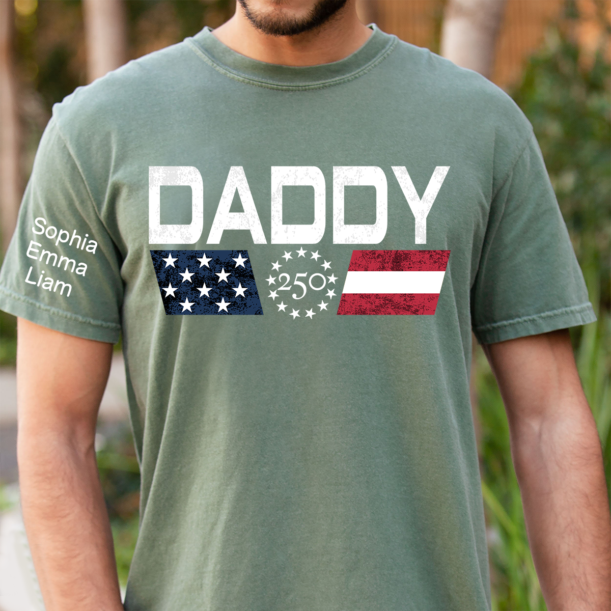 Personalized Daddy 250 Years Of Freedom Shirt With Kids Names Sleeve, Patriotic Dad Family, U.S. 250th Anniversary 1776 2026 Gift For Fathers Day Birthday